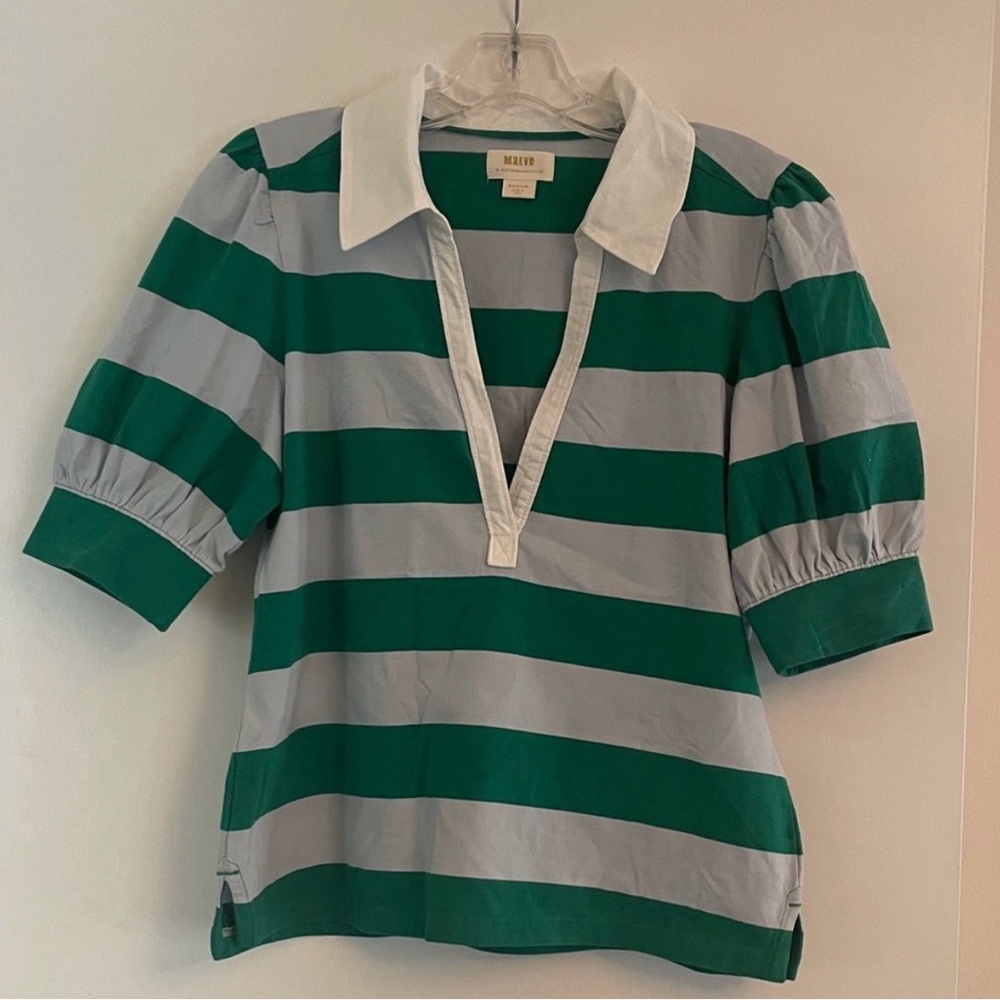 Anthropologie Maeve green and gray puff sleeve top. Size M.